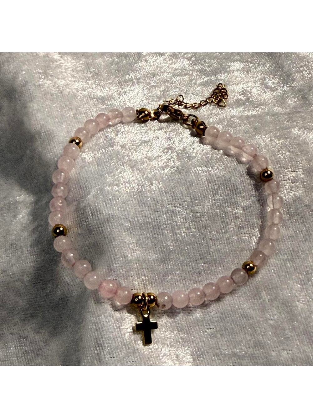 18K Gold Plated Stainless Steel Rose Quartz Cross Bracelet